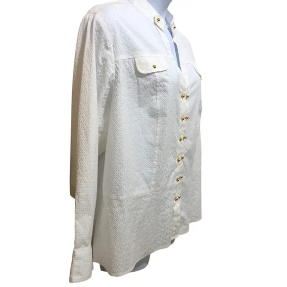 Jones New York Signature Women’s Pullover Blouse 3X White Stretch Gold Buttons - Picture 3 of 12